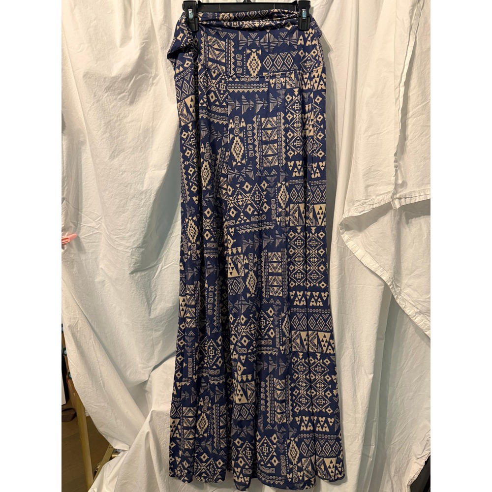 French Laundry Woman Navy Blue Tan Tribal Geometric Wide Leg Palazzo Pants 1X - Picture 2 of 3
